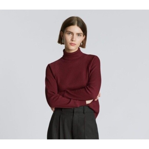 NWT Everlane Organic Cotton Turtleneck Waffle Thermal Long Sleeve Top M Burgundy - Picture 1 of 10